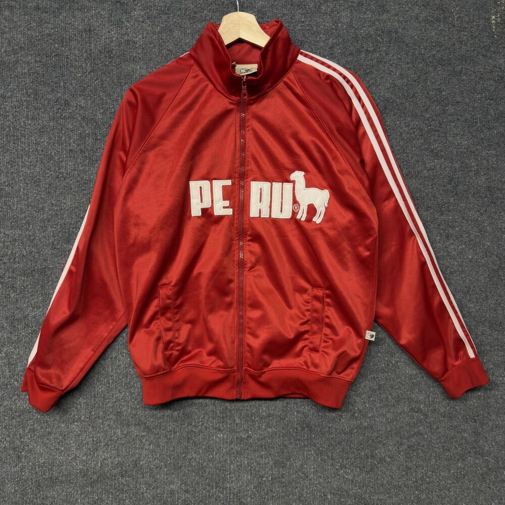 CUY-ARTS Peru Track Jacket Mens S Red Full Zip Stripes Llama Streetwear Y2K